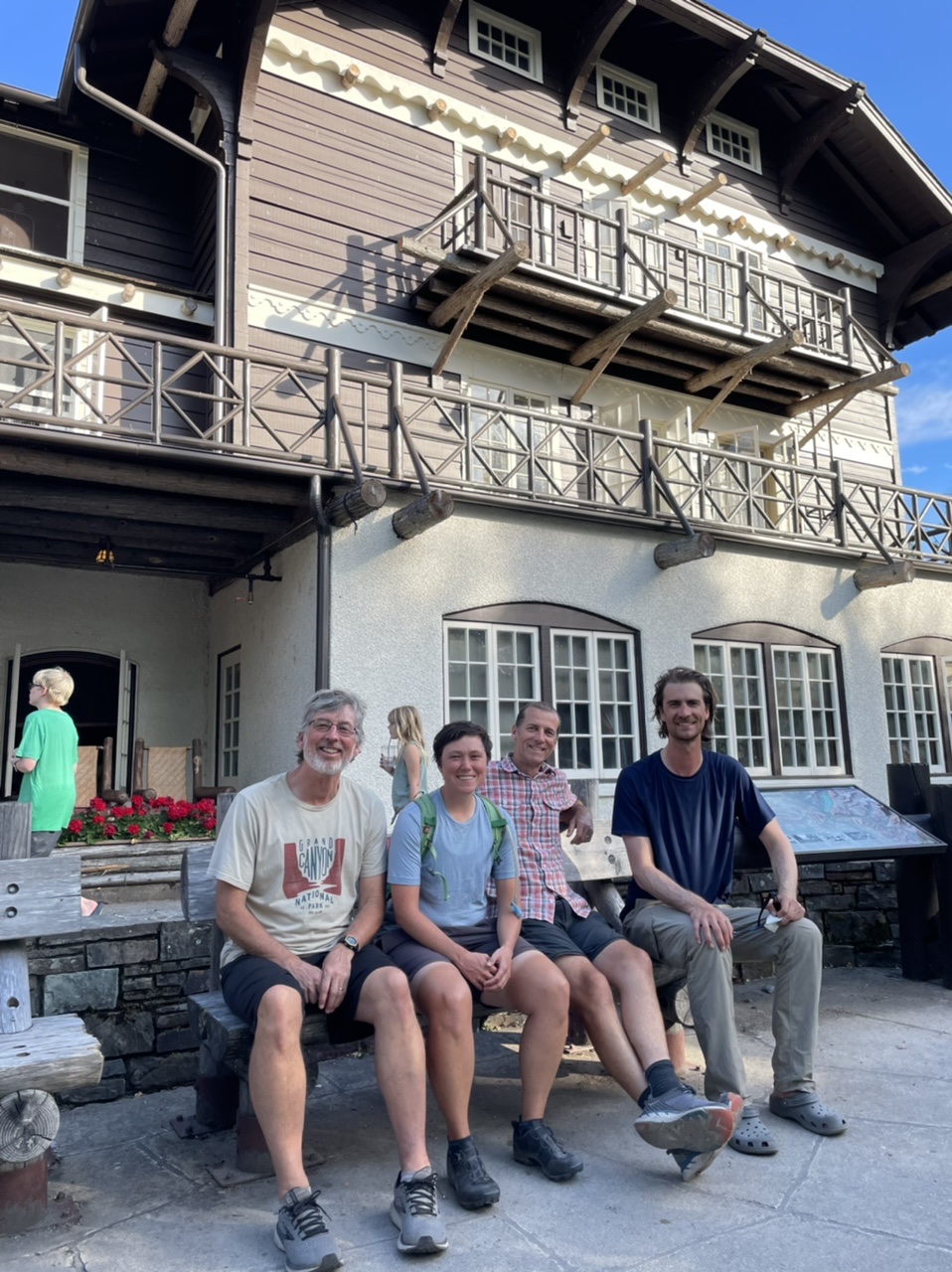 Mike, me, Wayne, and Colin celebrating our successful continental divide crossing at Lake McDonald Lodge