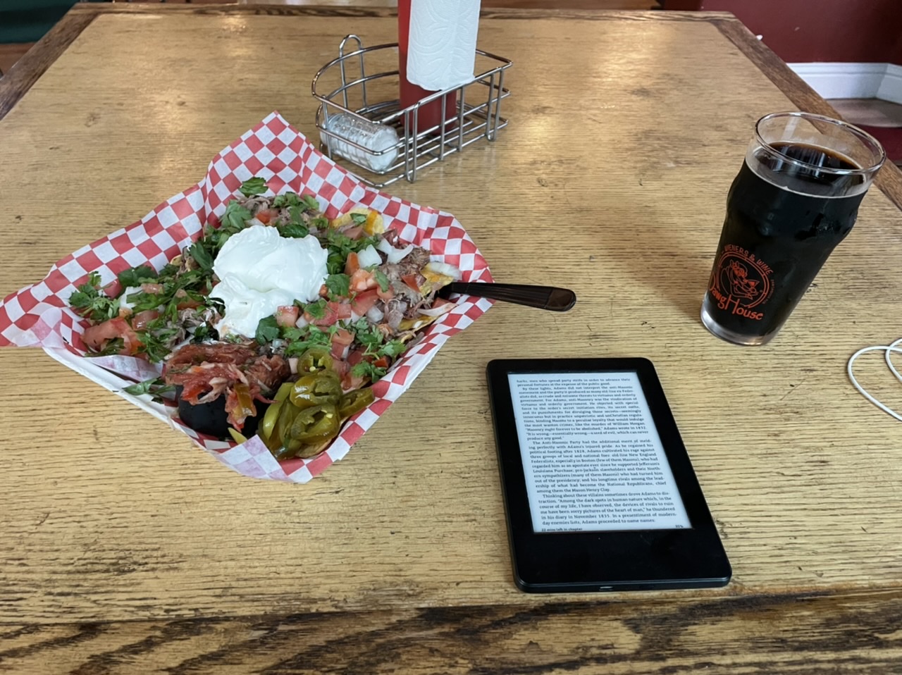 Nachos and beer and book time at a local brewpub in Okanogan