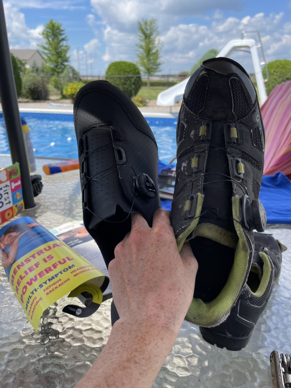 New shoes! Setting them up poolside