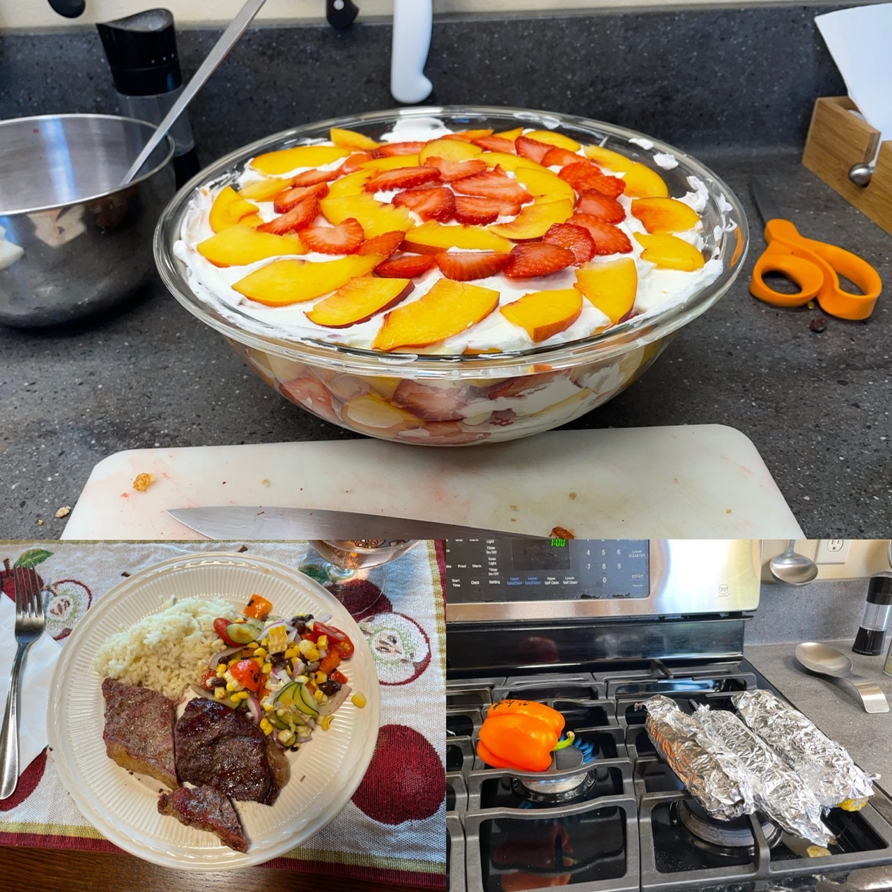 A boatload of fruit trifle, a feast of a meal, and playing with fire during prep