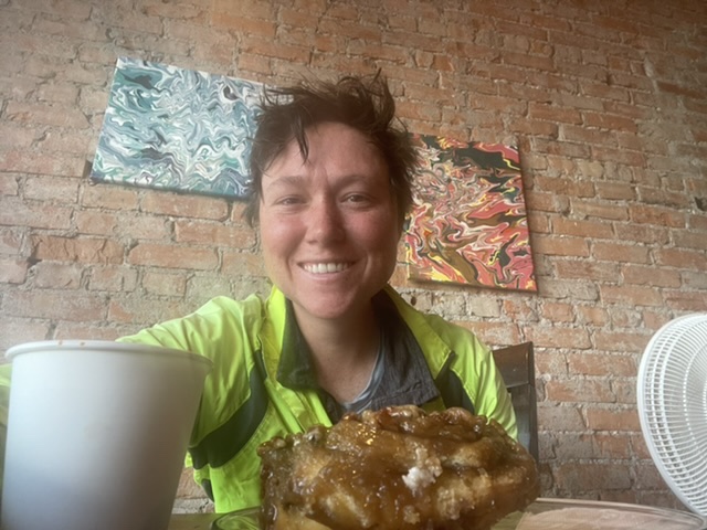 Latte and a caramel roll at a Montana-sized cafe downtown