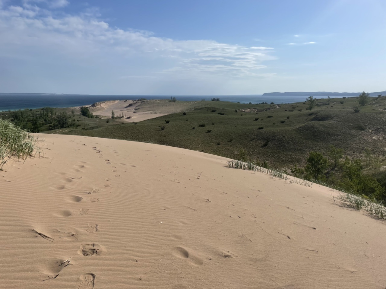 One of the more inland dunes. You can see the different vegetation on the surround dunes and Lake Michigan in the background