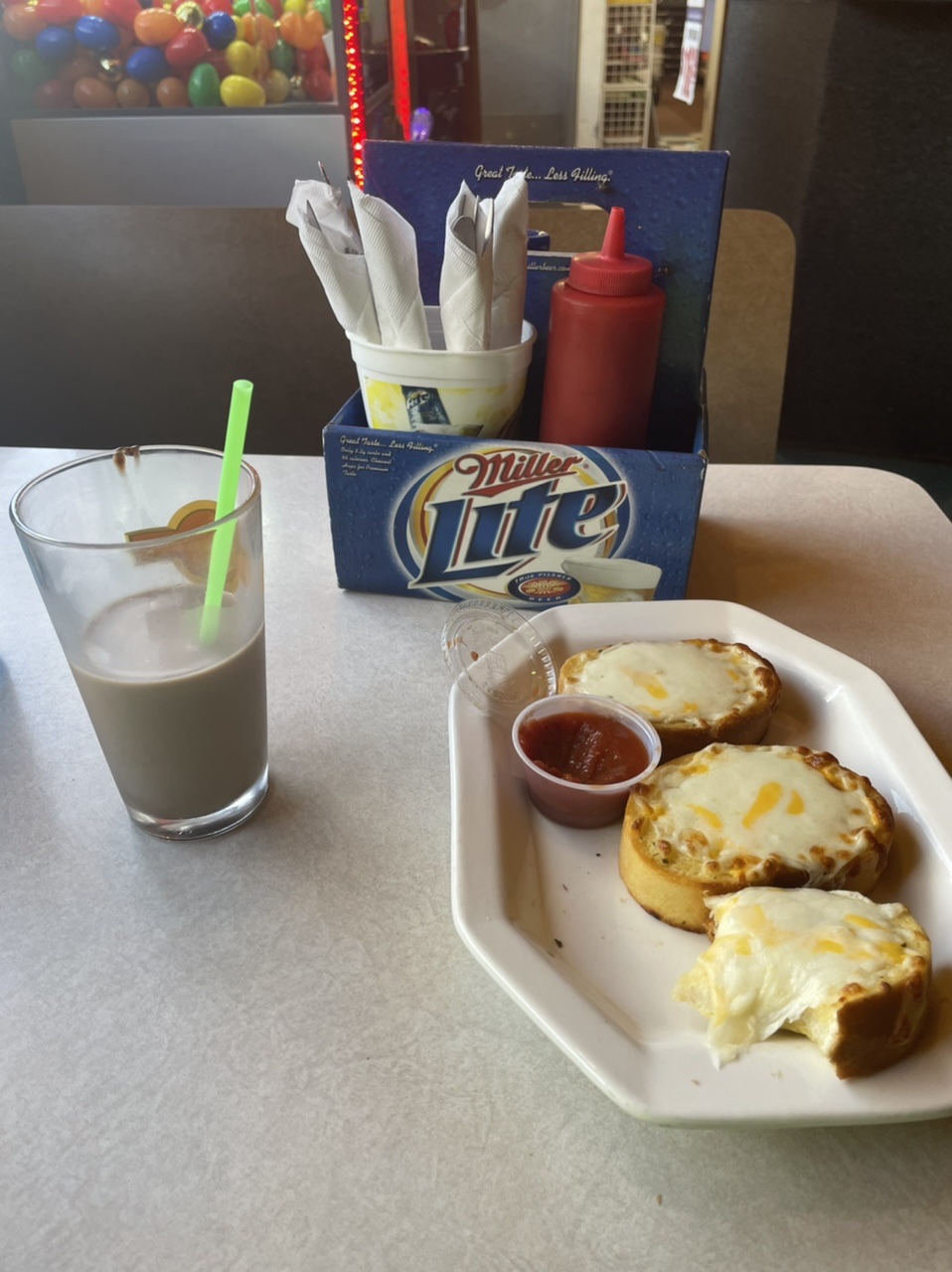 Stopped at a convenience store/pub in Ramey for a first lunch of chocolate milk and garlic cheesey bread