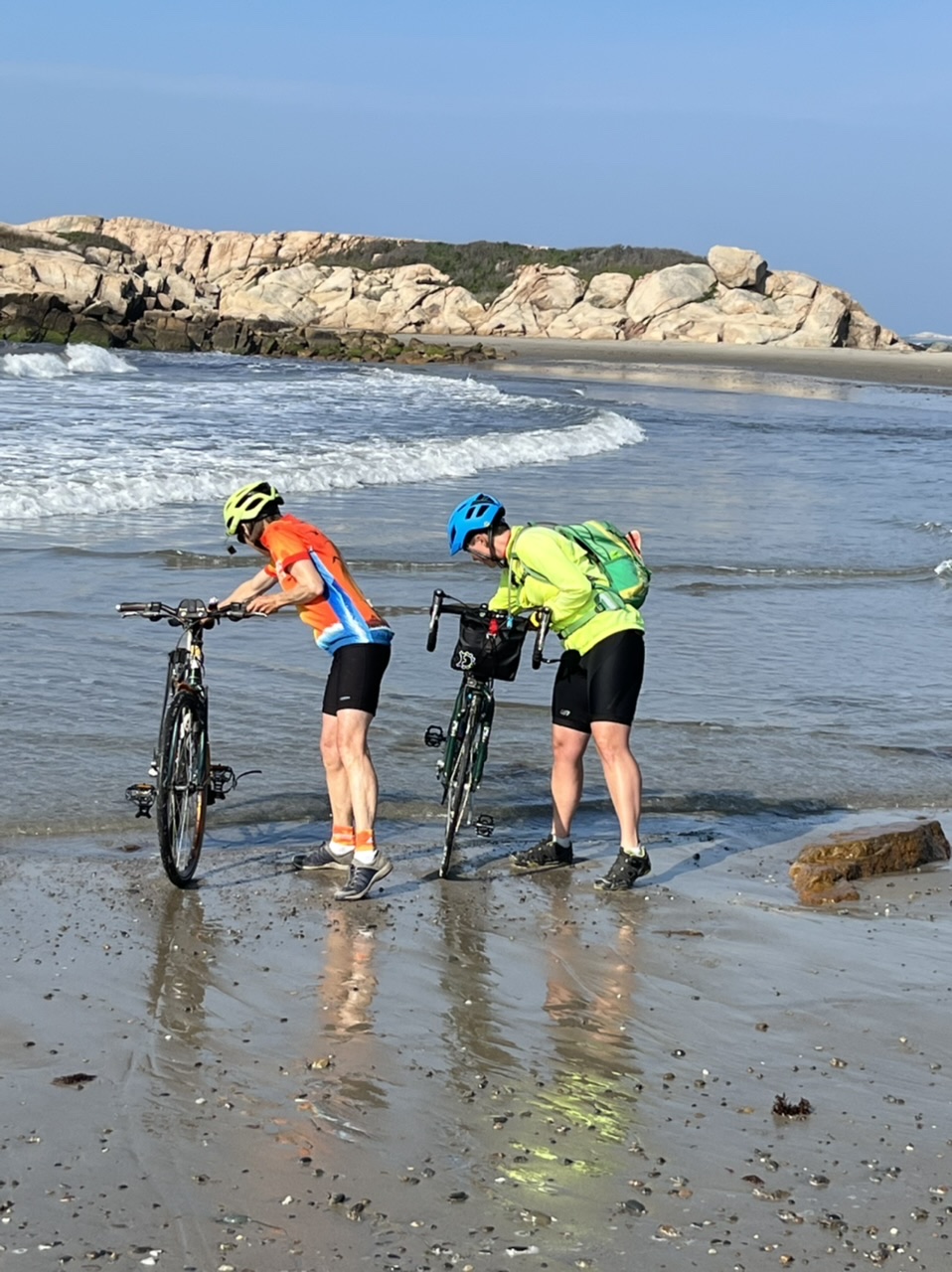 Dipping our rear tires in the Atlantic Ocean at Warrens Point Beach in Little Compton