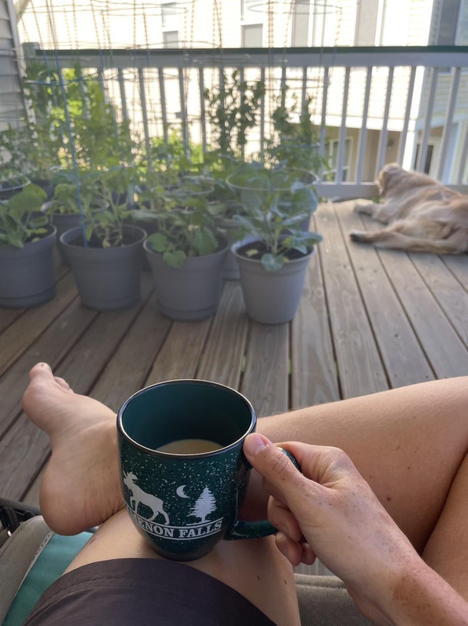 Sipping coffee on the deck with Izzy