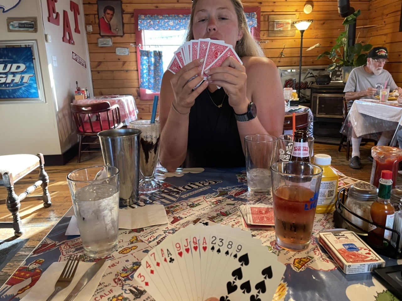 A game of spades while waiting for dinner (MJ clearly had the better cards this hand)