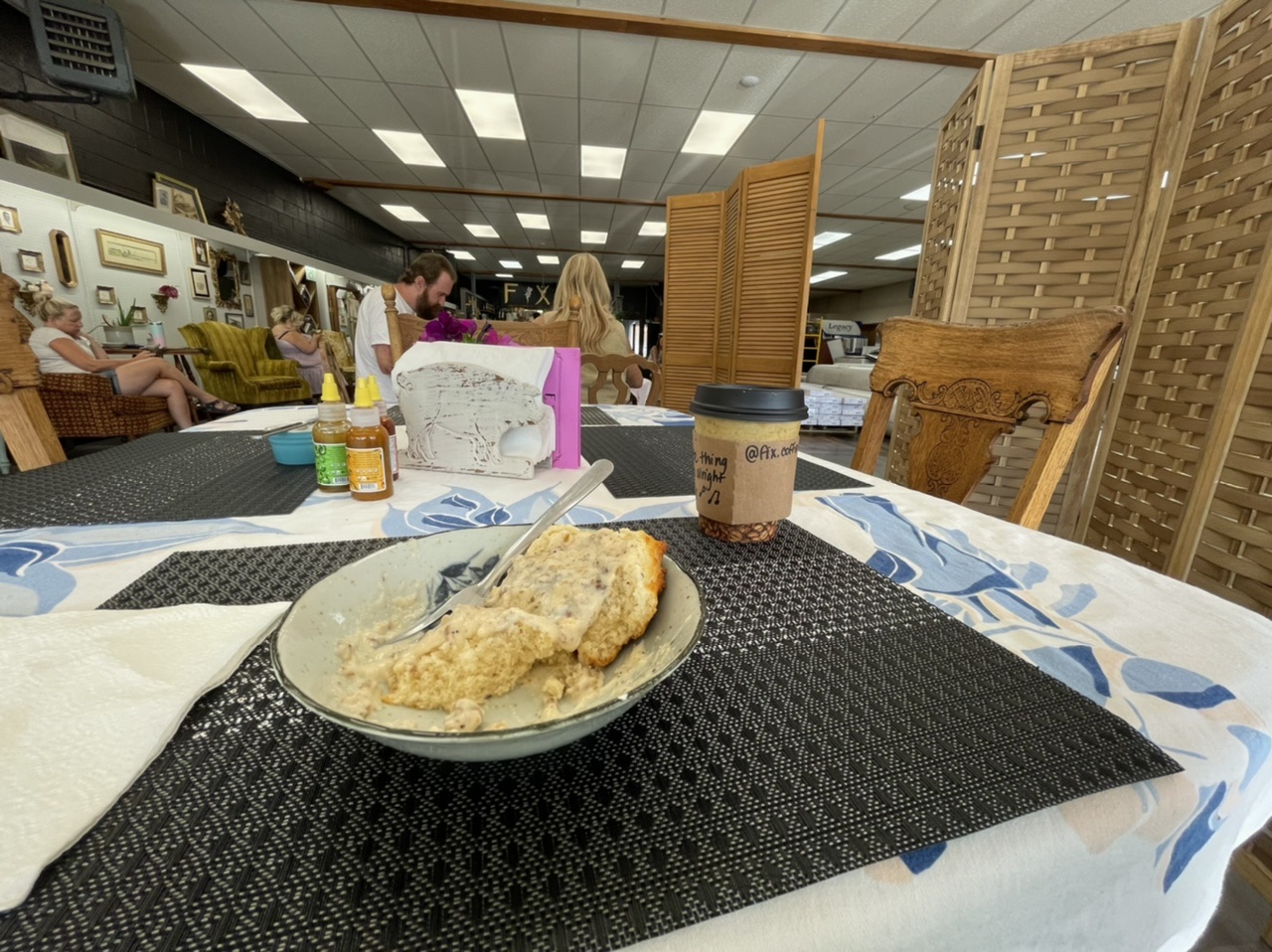 Coffee and biscuits and gravy at a coffee/carpet shop