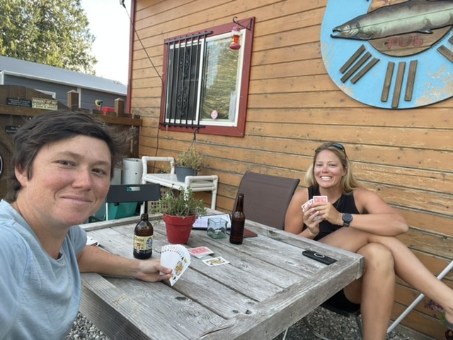 Cards and beer and burgers to celebrate the last dinner on the road