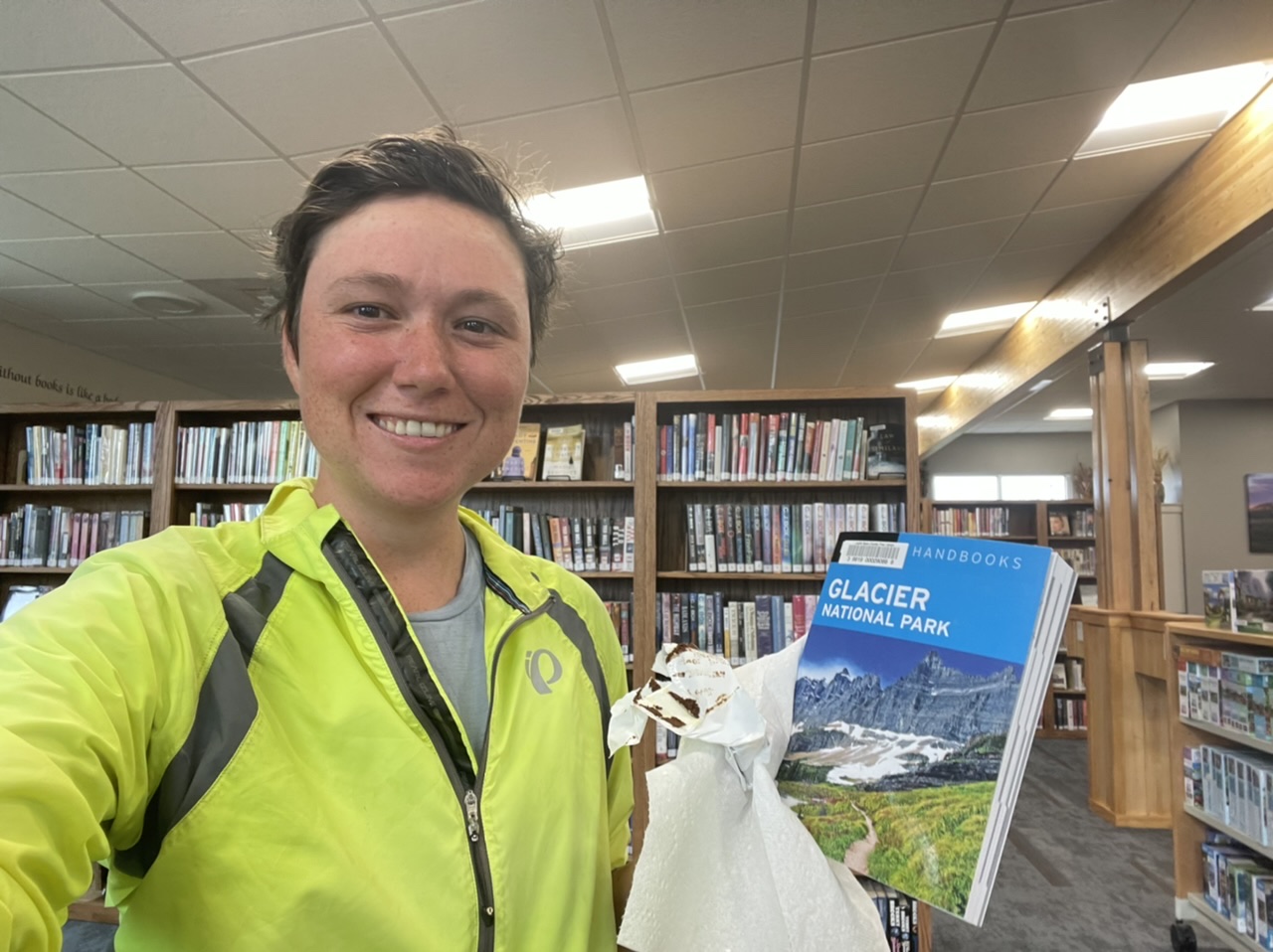 Library win: Ice cream sandwich, tea (not pictured), and a guidebook to help plan my upcoming Glacier adventure!