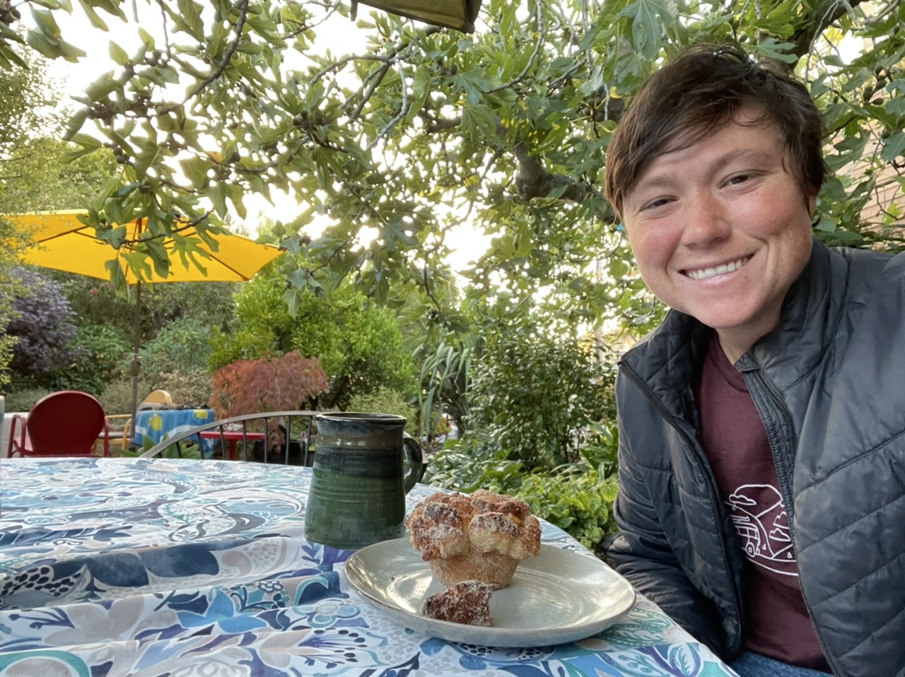 Coffee and a morning bun in Larry and Alison’s garden