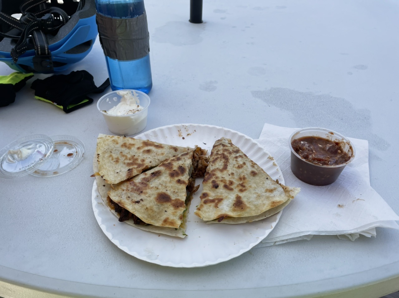 An amazing quesadilla from the Awesome Country Store in Boonsville (we also got treats to go for later miles)